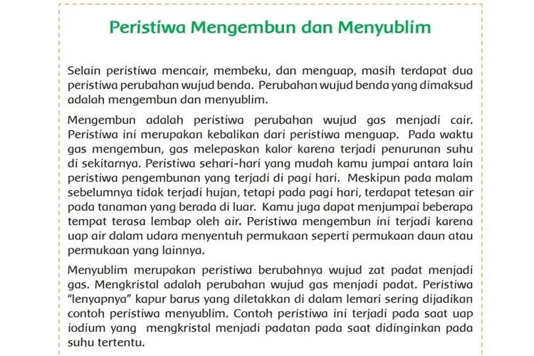 Bagan Perubahan Wujud Benda Bacaan Peristiwa Mengembun dan Menyublim, Materi Tema 7 Kelas 5 SD MI