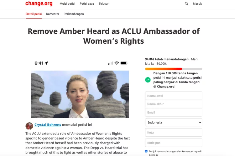 Disebut Memalukan Wanita, Muncul Petisi Copot Amber Heard Sebagai Duta Hak Perempuan ACLU