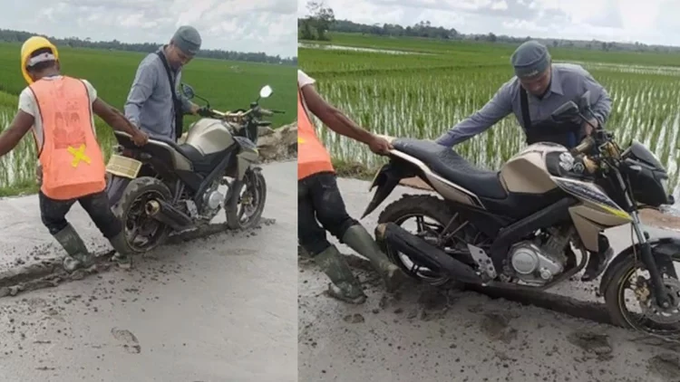 Jalanan Baru Dicor Rusak Lagi Gara-Gara Diterobos Pengendara Motor Ini