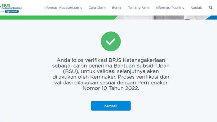 Cek BSU 2022 di bsu.bpjsketenagakerjaan.go.id dan kemnaker.go.id, Ini Notifikasi Jika Terdaftar