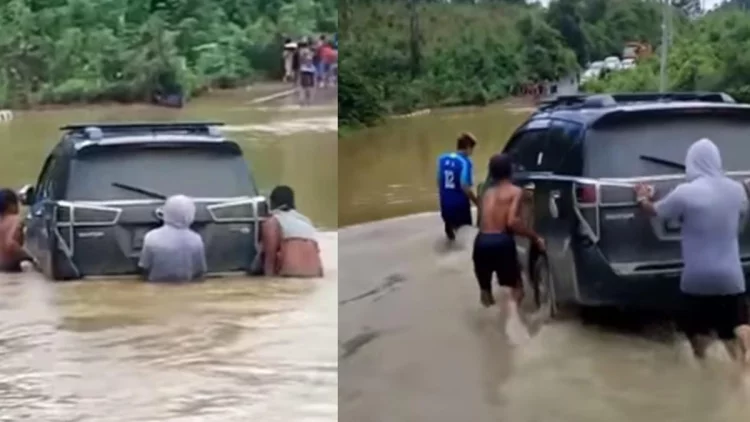 Detik-detik Toyota Innova Nekat Terabas Banjir, Warga Sampai Turun Tangan