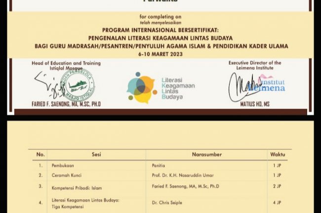 Ust. Purwanto ( PAI ) Kemenag Aceh Singkil lulus program Internasional Bersertifikat Literasi Keagamaan Lintas Budaya