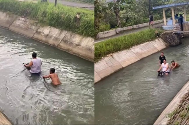 Terlanjur Basah, Tiga Pria Ini Akhirnya Pilih Naik Motor Menyusuri Sungai