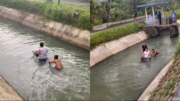 Terlanjur Basah, Tiga Pria Ini Akhirnya Pilih Naik Motor Menyusuri Sungai