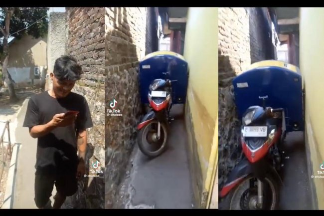 Lupa Sedang Bawa Dagangan, Motor Tukang Roti Ini Tersangkut di Gang