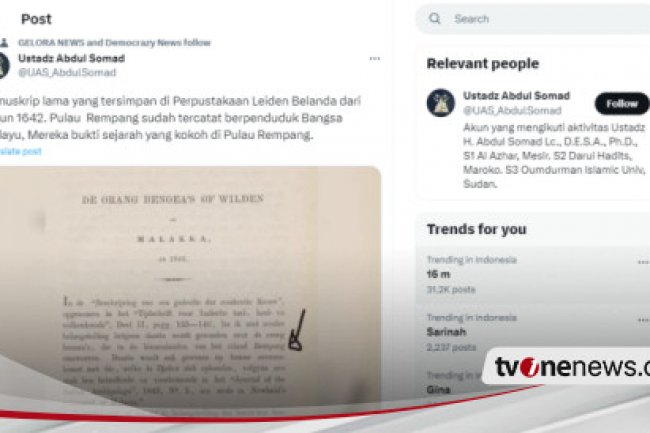 Ustaz Abdul Somad Unggah Manuskrip Belanda Tahun 1642, Ungkap Asal-usul Penghuni Pertama Pulau Rempang Ternyata..