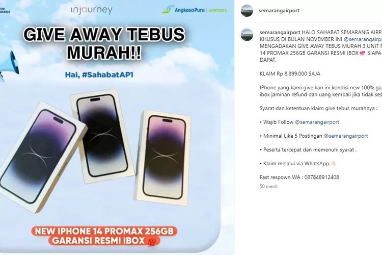 Akun Instagram Bandara Internasional Jenderal Ahmad Yani Semarang Berhasil Dipulihkan Setelah Kena Hack dan Tawarkan iPhone Murah