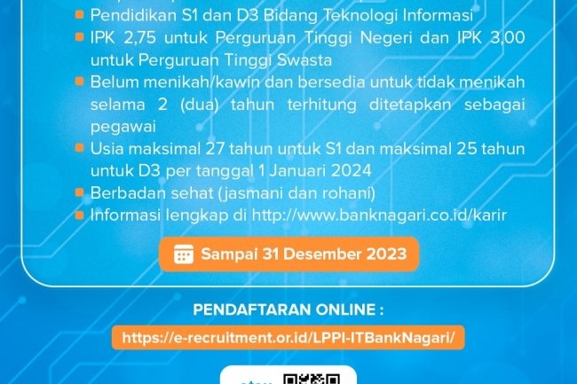 Bank Nagari Buka Penerimaan Pegawai Bidang Teknologi Informasi