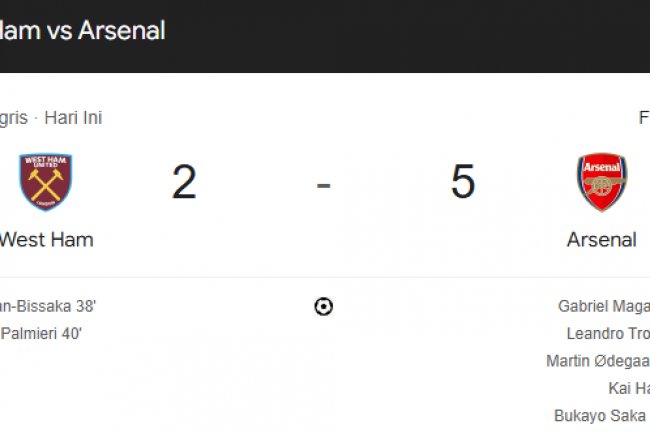 Kalahkan West Ham, Arsenal Naik ke Posisi Dua Liga Premier