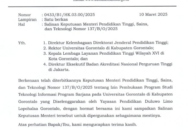Universitas Gorontalo Peroleh Izin Menteri Pendidikan Pembukaan Program Studi Teknologi Informasi  Program Sarjana