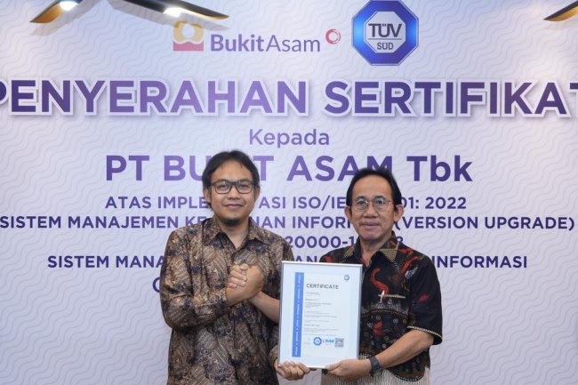 Bukit Asam Terima Sertifikat ISO 20000-1:2018 Berkat Inovasi dalam Teknologi Informasi