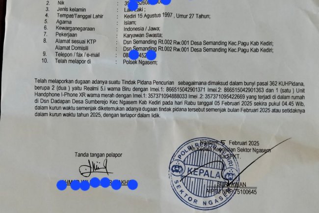 Mangkrak di Polsek Ngasem, Laporan Kehilangan Belum Ada Hasil