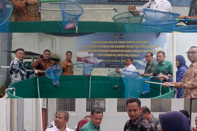 Direktur Teknologi Informasi dan Kerjasama Pemasyarakatan melakukan panen ikan Nila dengan metode Bioflok di Lapas Batam