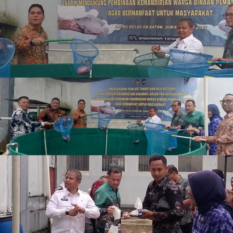 Direktur Teknologi Informasi dan Kerjasama Pemasyarakatan melakukan panen ikan Nila dengan metode Bioflok di Lapas Batam
